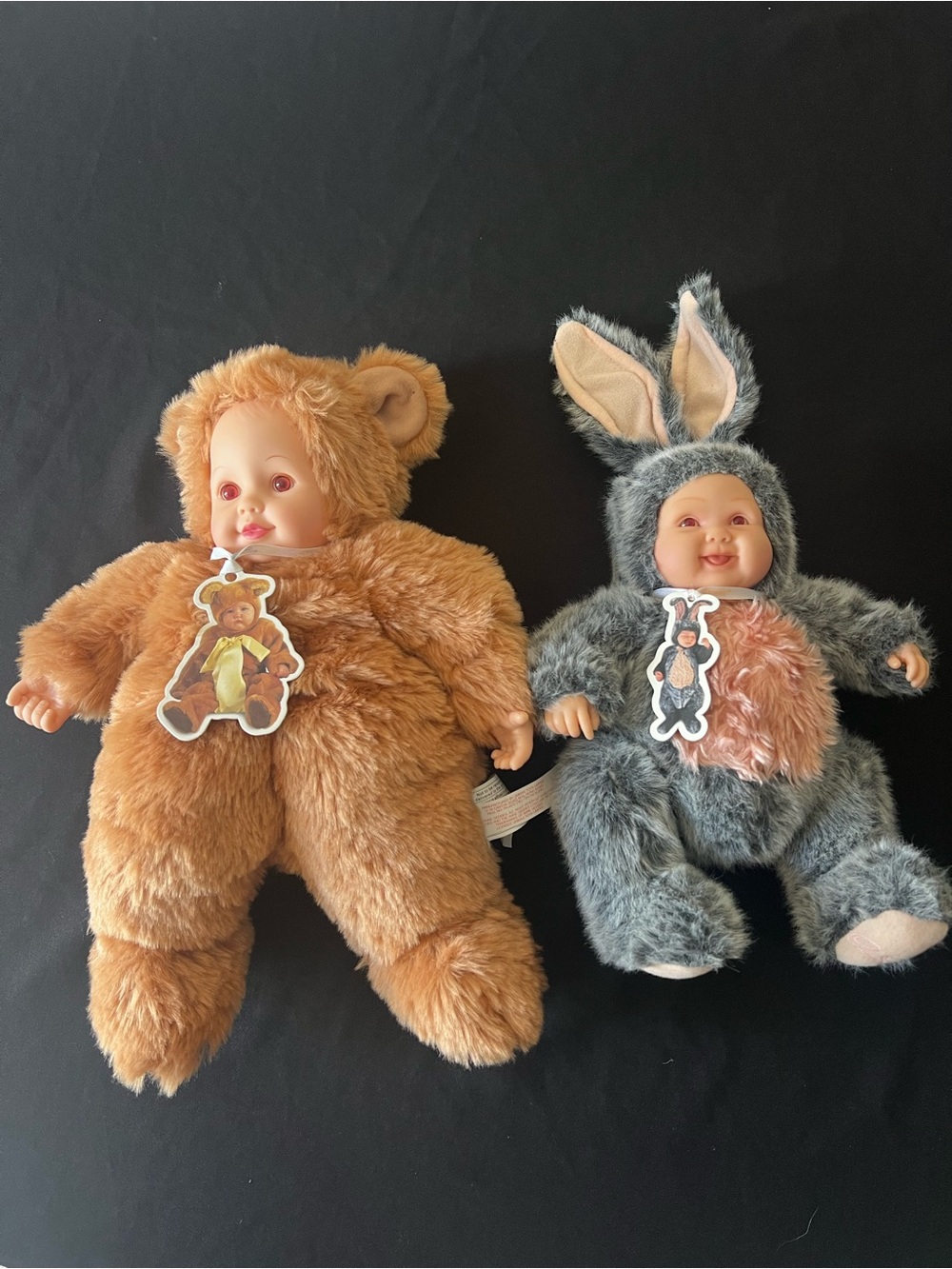 Anne Geddes Baby Plush Doll Lot - Brown Bear & Grey Bunny Costume Twins lot of 2
